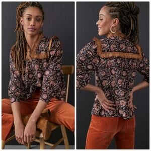 Anthropologie Women's Othilia Ruffled Blouse Puffed Sleeves in Blue Size Medium‎